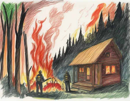 A harrowing scene of a forest fire in the deep mountains, engulfing a few wooden cabins, depicted as a hellish inferno. The fire rages with towering flames, thick smoke, and glowing embers, consuming trees, bushes, and the wooden cabins. The perspective might include a terrified observer or wildlife fleeing the scene, adding to the chaos and urgency. The scene should be as vivid and detailed as a high-resolution painting or illustration, with harsh and dramatic lighting that emphasizes the destructive power of the fire, the heat, and the apocalyptic atmosphere. The wooden cabins should be detailed, showing signs of burning and distress, <lora:crayons_v1_sdxl:0.85>