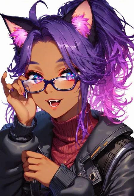 score_9_up, score_8_up_, score_7_up, very detailed, cute catgirl, cute pose, catgirl ears, tanned skin, titanium framed glasses, bright neon purple hair, ponytail, medium hair, ahoge hair, unkempt hair, sly smile, open mouth, adjusting glasses, starry jewelrey, baggy sweater, oversized sweater, dark red turtleneck sweater, black biker vest, studded, well dressed, night time, cyberpunk city in background, glowing lights, moon, solo focus on face, detailed face, best detail, (best quality:1.5), masterpiece, (high resolution:1.5)
ng_deepnegative_v1_75t, OverallDetail, , Expressiveh