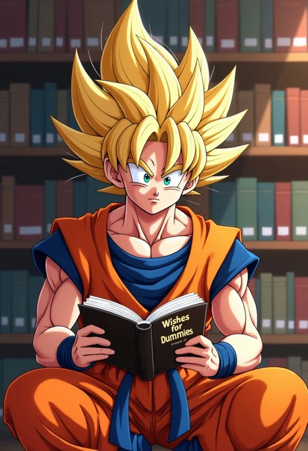 anime, masterpiece, 4k, son goku, in a library, anime accurate costume,iconic orange gi, reading a book titled "wishes for dummies", masterpiece, 4k, looking at the book,