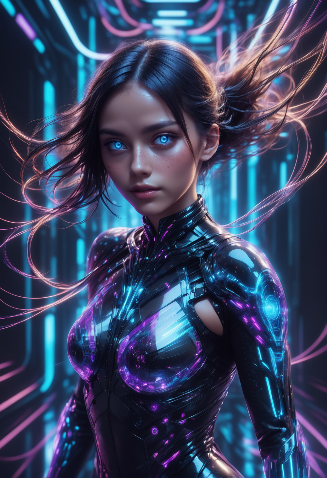 masterpiece, high quality, anime style, 2d, running, heijzel is a cyborg made of Jed-CyFut<lora:CyberFuturisticStyle:0.8> , black choker,medium teardrop breasts,, Heijzel <lora:HeijzelSDXL-000005:0.95>,, Heijzel is a cyborg, created to arouse lust and desire in the other person, her body is well formed, her suit is connected to her body, cables protrude from her bodysuit to the technical devices in the background, the cables are charged with neon light and fill the woman with energy, many cables merge in the most harmonious way of caos in a symbiosis with the background, a sci-fi scenery created to captivate the viewer, Heijzel is pure seduction,  <lora:SDXLFaeTastic2400:0.5>,, She storms towards the viewer, massive speed, focus on the face