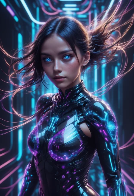 masterpiece, high quality, anime style, 2d, running, heijzel is a cyborg made of Jed-CyFut<lora:CyberFuturisticStyle:0.8> , black choker,medium teardrop breasts,, Heijzel <lora:HeijzelSDXL-000005:0.95>,, Heijzel is a cyborg, created to arouse lust and desire in the other person, her body is well formed, her suit is connected to her body, cables protrude from her bodysuit to the technical devices in the background, the cables are charged with neon light and fill the woman with energy, many cables merge in the most harmonious way of caos in a symbiosis with the background, a sci-fi scenery created to captivate the viewer, Heijzel is pure seduction, <lora:SDXLFaeTastic2400:0.5>,, She storms towards the viewer, massive speed, focus on the face