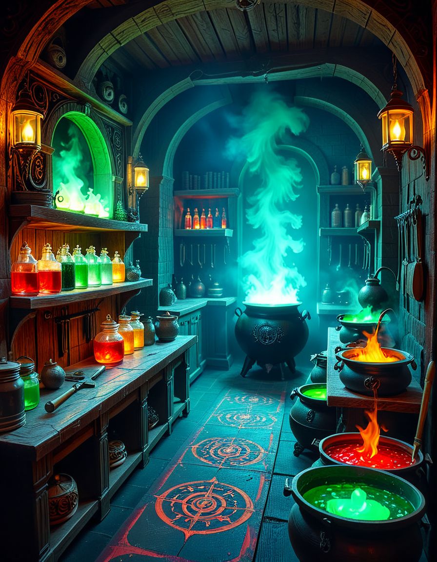 Hidden deep within the necromancerâs infernal domain lies a nightmarish kitchen, a grotesque fusion of alchemical laboratory and sacrificial chamber. The walls are carved from blackened bone and obsidian, pulsating faintly with necrotic energy. Faint green flames flicker in sconces made from twisted skeletal hands, casting eerie shadows across the macabre workspace. The air is thick with the scent of decay, ash, and something far worseâan indescribable aroma of corruption and dark magic.
At the center, a massive butcherâs table, scarred and stained with centuries of dried blood, serves as the primary workstation. Rusted, jagged knives, bone saws, and crude flesh-carving tools hang from hooks, their edges glistening with fresh remnants of something recently prepared. Nearby, grotesque cauldrons bubble with viscous, unnatural liquidsâblack ichor, boiling crimson blood, and glowing green elixirs swirl together, each concoction releasing haunting whispers as if infused with trapped souls.
Suspended from the ceiling, enormous iron hooks hold skinned carcassesâsome humanoid, others unrecognizable abominations stitched together from various creatures. Skeletal constructs, animated by unseen forces, mindlessly tend to the kitchen, stirring bubbling cauldrons and grinding unknown ingredients into fine powders using ancient, rune-etched mortars and pestles.
Along the walls, towering shelves hold disturbing "ingredients" sealed in glass jars: floating, disembodied eyes that track movement, severed hands that twitch sporadically, and writhing black worms that exude a thick, putrid slime. Bundles of dried, withered herbsâsome glowing faintly with infernal energyâhang from the rafters, alongside strips of preserved flesh, their origins best left unspoken.
In one corner, a massive, rune-inscribed oven burns with an unnatural, ghostly blue flame. The heat does not come from firewood but from the tormented souls bound within, their agonized wails fueling its endless infernal blaze. A massive iron cauldron sits atop a cracked stone hearth, where a thick, bubbling stew churnsâits surface occasionally breaking as something beneath struggles, clawing weakly before sinking back into the depths.
This is not a place for feastingâit is a workshop of the grotesque, where ingredients are harvested, flesh is repurposed, and the very essence of undeath is distilled into unholy nourishment. No living creature eats hereâonly the dead, the damned, and the things that should not be.
Style & Mood :
- Dark fantasy, gothic horror, necromantic aesthetics
- Cinematic, high-detail, eerie lighting
- Infernal atmosphere, filled with shadows, glowing green and crimson energy, and grotesque details
- Inspired by the works of ZdzisÅaw BeksiÅski, H.R. Giger, and dark medieval sorcery
<lora:SDXLFaeTastic2400:0.4> <lora:extremely_detailed:0.4> extremely detailed, <lora:mysterious_4lch3my_sh0p:1> mysterious 4lch3my sh0p <lora:nightmarish_k1tch3n:1>,nightmarish k1tch3n, Masterpiece,best quality,hi res,8k,hi res,8k,award winning,(sharp focus, intricate, highly detailed),