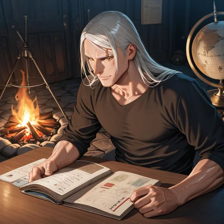 masterpiece, best quality, amazing quality, absurdres, newest, detailed background, definition so sharp, Ultra-HD, 8K cinematic, very awa, impressionate, amazing quality, highres,
solo, male focus, manly, shadow, shiny skin, mature male, extream close-up, soft coloring,
mitsuhisahachiya, mitsuhisa_grey hair, mitsuhisa_yellow eyes, 1boy, long hair, scar across eyebrow, traveler, storyteller, experienced_man, passport, globe, old_maps, campfire, foreign_city, cultural_exchange, engaging_smile, wise_eyes, comfortable_clothing, warm_atmosphere, listening_audience