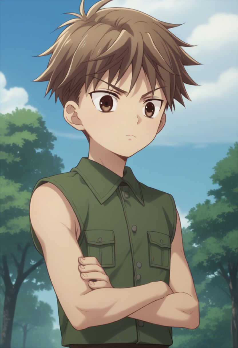 score_9, score_8_up, score_7_up, source_anime, highly detailed, 1boy, solo, male_focus, 
hiro_sohma, brown eyes, brown hair, 1boy, male focus, trees, day, sky, cloud, outdoors, sleeveless, short pants, tilted head, confused, crossed arms,