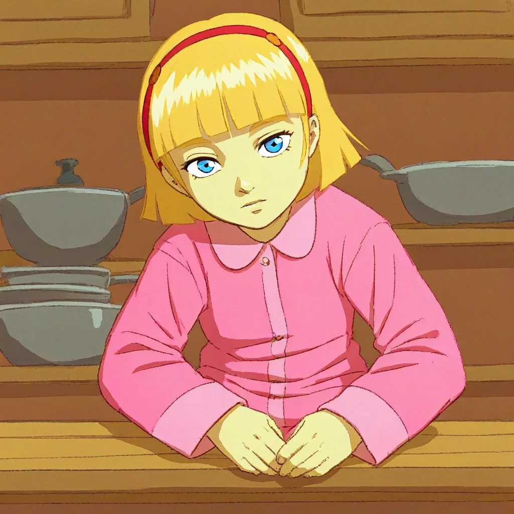 score_9, solo, lillian_h, 1girl, blonde hair, short hair, hairband, blue eyes, blunt bangs, pajamas, sitting, table, kitchen, looking at viewer