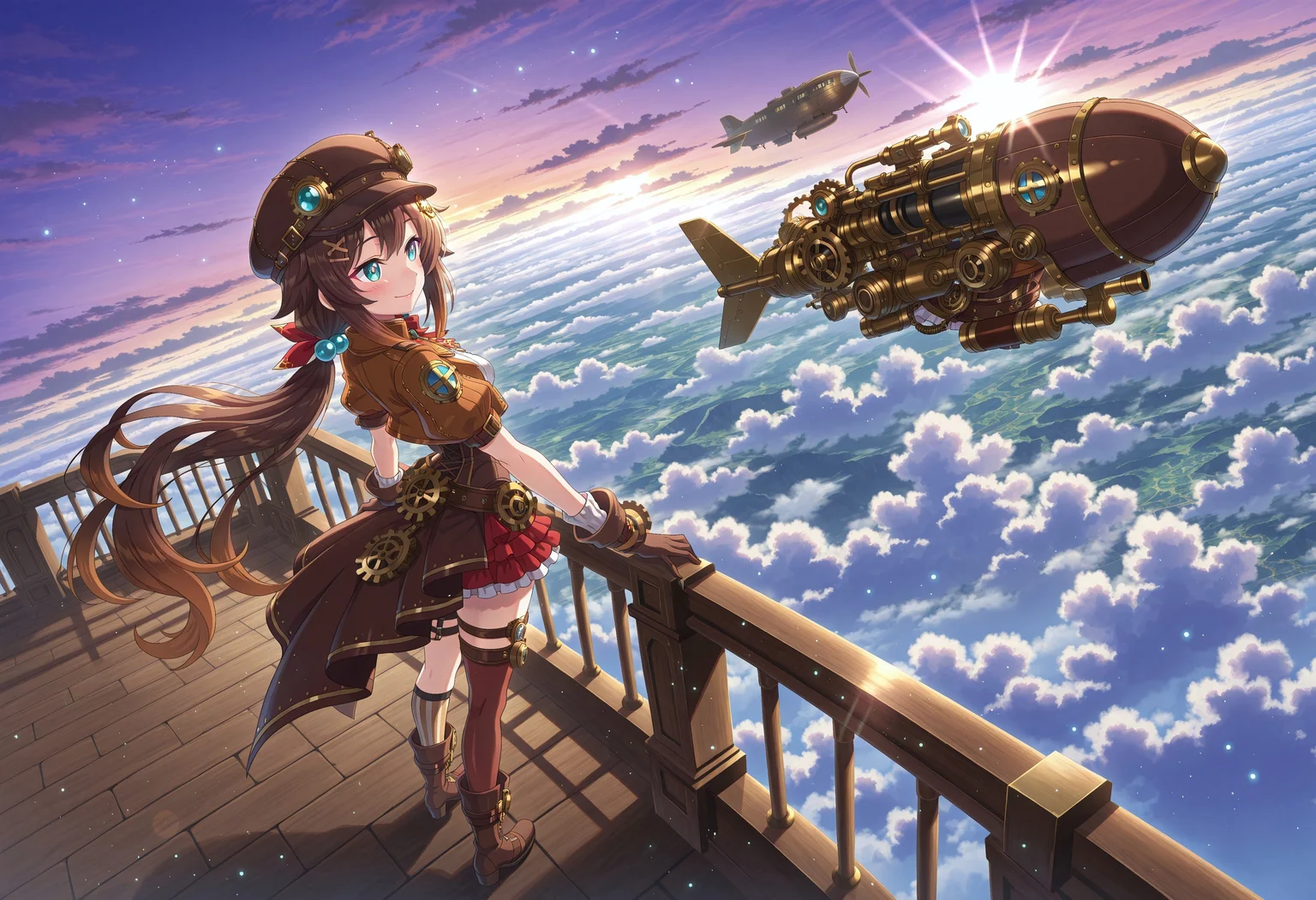 konofan, 1girl, brown hair, low ponytail, two side up, hair ribbon, aqua eyes, bright pupils, multicolored hair, gradient hair, two-tone hair, hair ornament, (too many hair ornaments:1.2), hairpins, hair bobbles, masterpiece, best quality, absurdres,
(steampunk:1.2), gears, steampunk dress, asymmetrical skirt, cropped jacket, cabbie hat, gloves, boots, thighhighs, asymmetrical legwear,
lipgloss, blush, makeup,
outdoors, landscape, clouds, above clouds, sunlight, aircraft, airship, dirigible, railing,
solo, from above, wide shot, full body, smile, looking ahead, hands on railing, arched back,
intricate, highly detailed, majestic, shallow depth of field, movie still, circular polarizer, light particles, particles