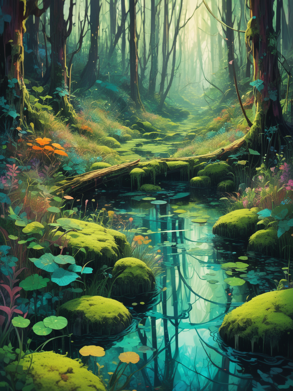 swamps in deep taiga, mossy overgrown stream, kikimora, fantasy, score_9, psychedelic art, extremely sharp focus, light leaks, unusual colors, abstract multilayer texture, by Abigail Larson