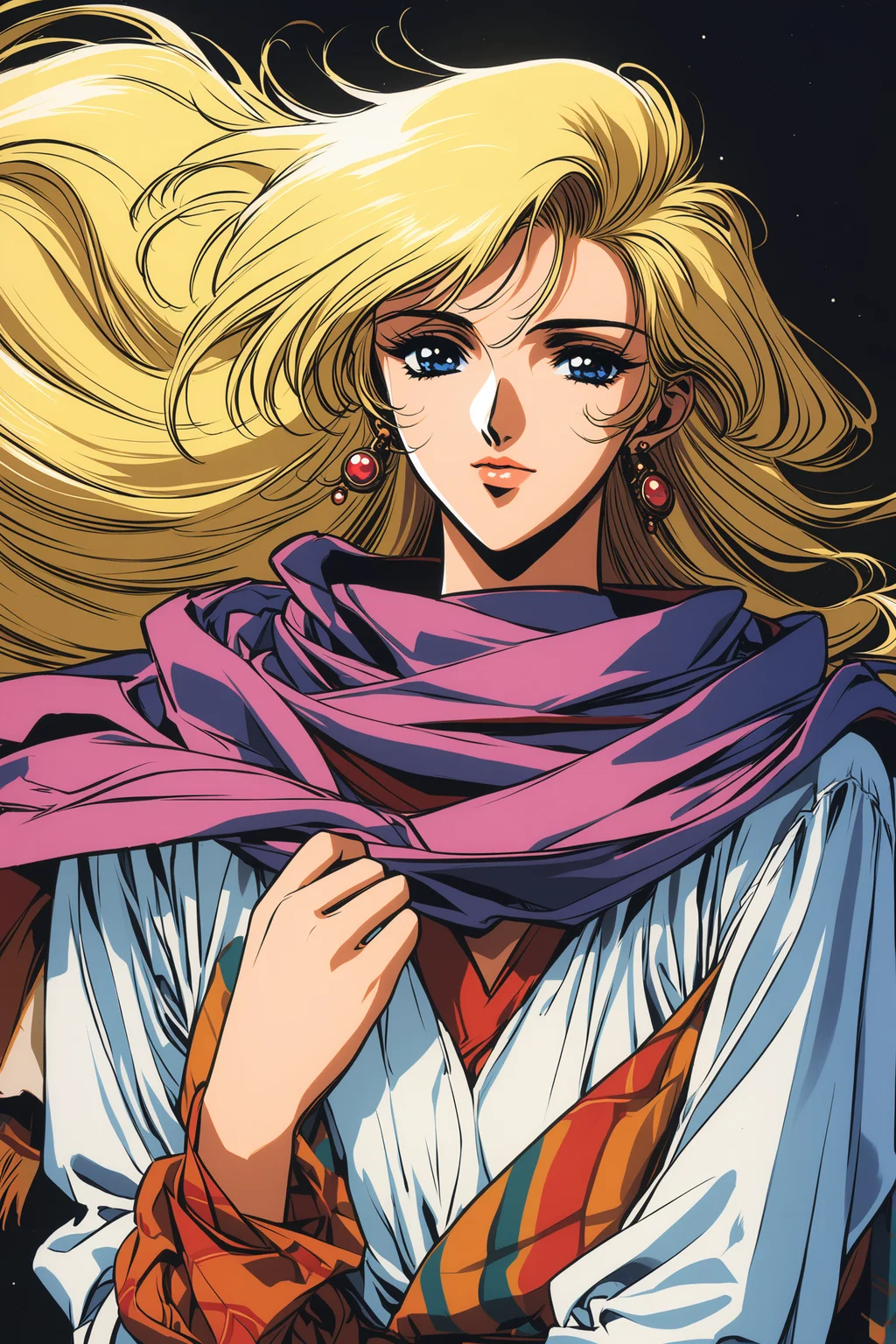 solo,blonde hair,long hair,scarf,1girl,jewelry,earrings,retro artstyle,blue eyes,
<lora:yuuki nobuteru_XL:0.8>,
