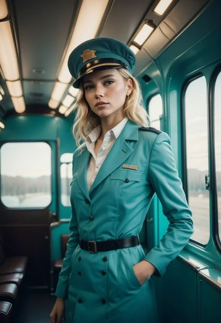 a beautiful woman on a train perfect blonde hair, (modern photo, train conductor uniform, train conductor hat:1.1), 24mm, (analog, cinematic, film grain, hazy atmosphere:1.3), ((plain tiffany blue background, jazz club:1.2)), detailed eyes, (seductive), (epicPhoto), (looking at viewer), (cinematic shot:1.3),
CyberRealistic_Negative, zoya, traincabin