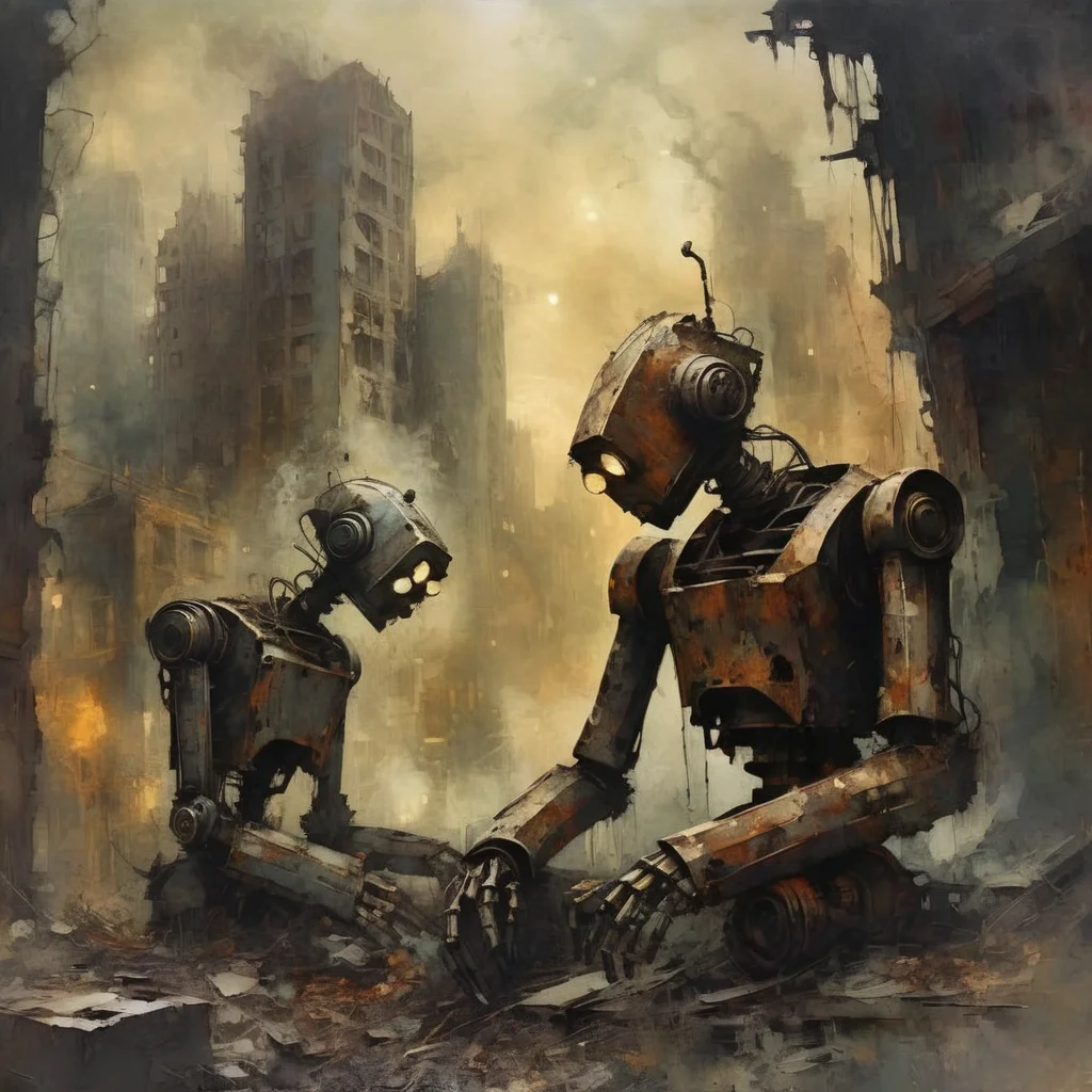 artmix02 lovers rusty robot in the ruins of the city in the background of smoke <lora:artmix02:1>