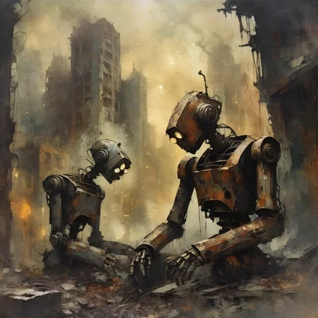 artmix02 lovers rusty robot in the ruins of the city in the background of smoke <lora:artmix02:1>