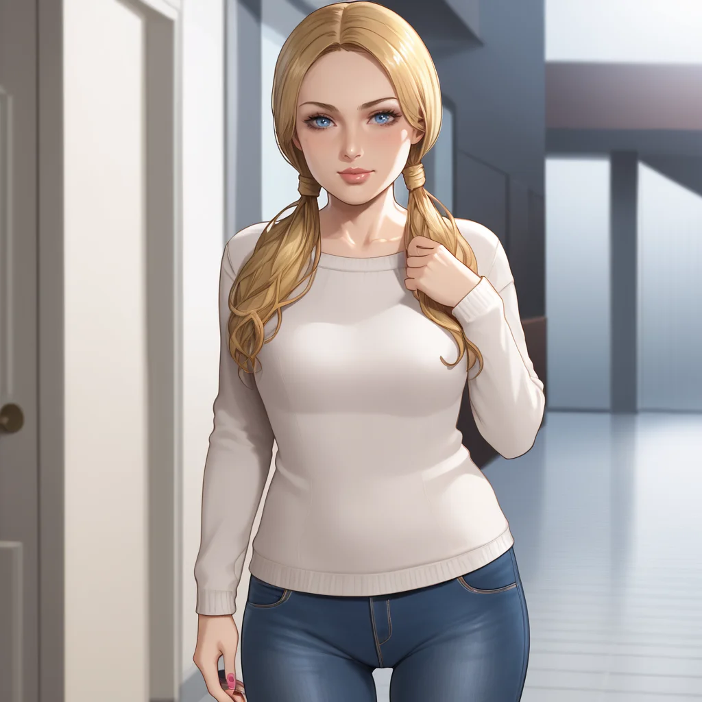 <lora:katherinewarrenre2r_pony_v1:1>  KatherineWarren, 1girl, solo, blonde hair,twintails, long hair, blue eyes, nail polish, jewelry, cowboy shot, sweater, jeans