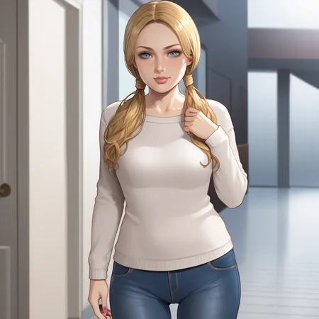 <lora:katherinewarrenre2r_pony_v1:1>  KatherineWarren, 1girl, solo, blonde hair,twintails, long hair, blue eyes, nail polish, jewelry, cowboy shot, sweater, jeans