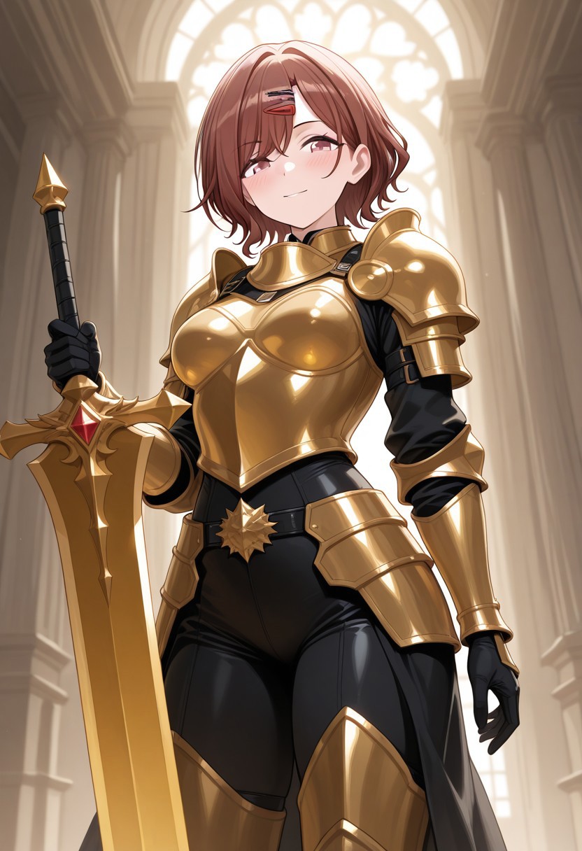 1girl, Higuchi Madoka idolmaster shiny colors, full armor, golden demon king armor, proud smile, medium breasts, hairclip, holding great lancer sword, Indoors, outdoors, blush, looking at viewer, masterpiece, best quality, amazing quality, newest, absurdres, highres, high detailed, masterpiece, best quality, amazing quality, newest, absurdres, highres, high detailed