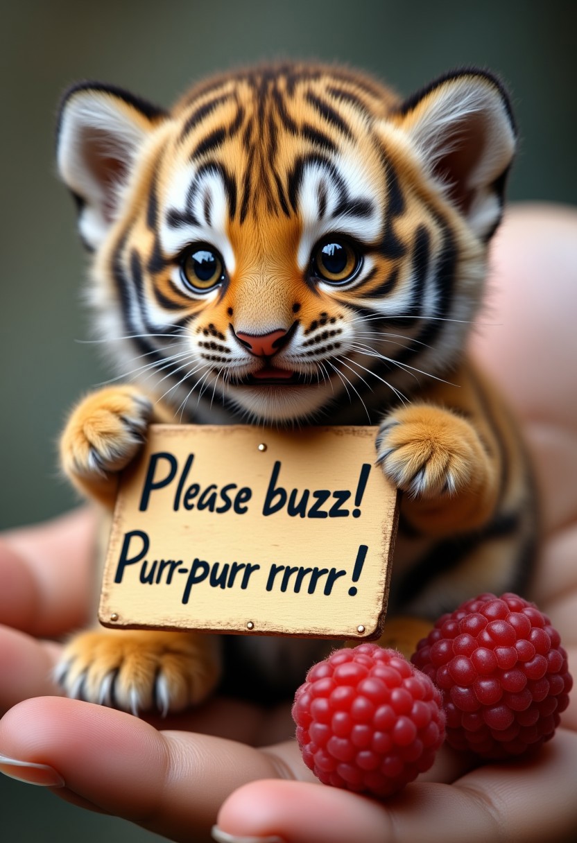 A hyper-realistic, touching scene, a close-up of a tiny, adorable tiger cub, no bigger than the palm of your hand. The tiger cub is sitting on a raspberry. The tiger cub has soft, fluffy and shaggy fur, large amber eyes and very long eyelashes, sharp teeth and a long mustache. In his mouth, in his teeth, he holds a large golden sign on which is written: "Please buzz! Purr-purr rrrrr!