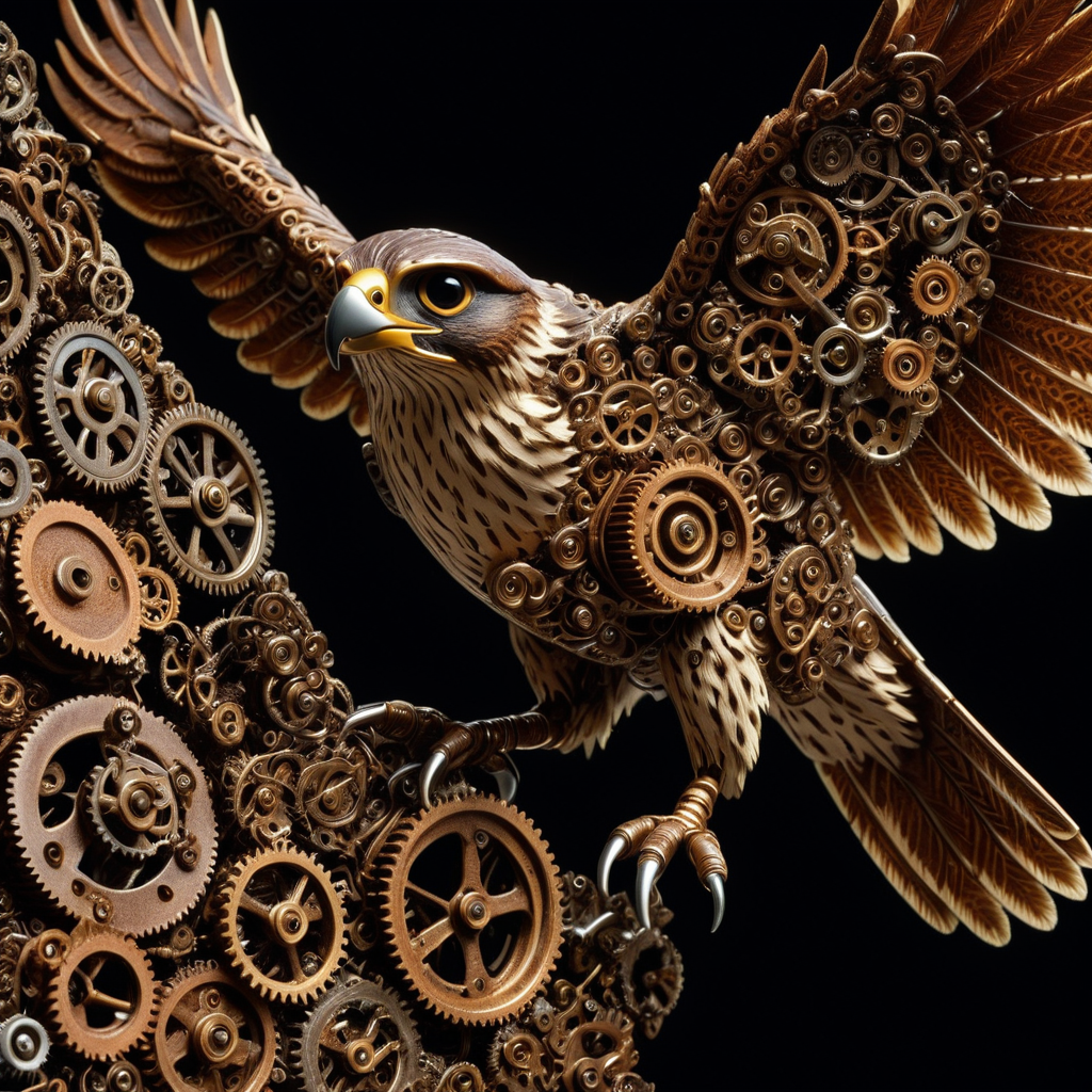 embedding:lazypos, A falcon made of roast gears diving toward prey in a canyon of rusted gears, feathers glinting sharply, High-Resolution precision <lora:gearstyle-000001:1.0000000000000002> <lora:TrendCraft_The_Peoples_Style_Detailer-v1.0A-3_13_2025-illustrious:0.8000000000000002>