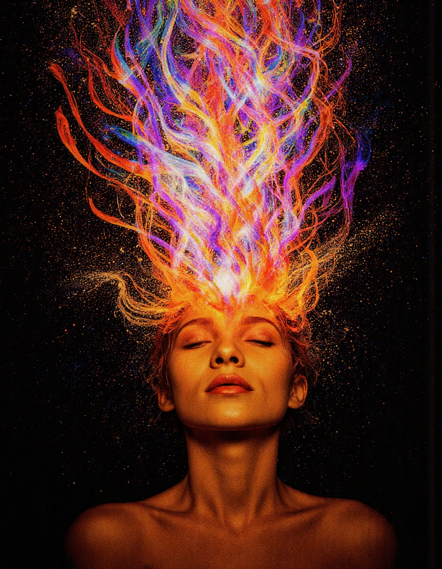 <lora:{psychedelic, }psychedelic-000018:0.8> psychedelic, A vibrant, psychedelic illustration depicting a serene human figure with an androgynous face, smooth skin, and short, spiky hair that shimmers in a mesmerizing array of colors, as radiant, pulsing light emanates from their head. The subject's eyes are closed, and their facial expression is one of deep tranquility, with a subtle, enigmatic smile. They have a slender build and a warm, golden skin tone, with intricate, swirling patterns that evoke a sense of mysticism and wonder. The light bursting from their head is a kaleidoscope of colors, including deep blues, vibrant purples, and radiant oranges, with tendrils of energy that curl and uncurl like living vines. The atmosphere is dreamy and ethereal, with soft, feathery textures and delicate, shimmering particles that dance in the air. The background is a deep, rich black, which allows the vibrant colors of the light to take center stage. The illustration is rendered in a highly detailed, hyper-saturated style, with bold lines and delicate patterns that blend seamlessly together. The shot is a close-up, with a shallow depth of field that blurs the edges of the subject's face and emphasizes the radiant, pulsing light. The overall mood is one of profound spiritual connection and cosmic wonder, as if the subject is channeling the very essence of the universe. The image features a soft, gentle glow, with delicate, shimmering highlights that add depth and dimension to the illustration. . 35mm photograph, film, bokeh, professional, 4k, highly detailed