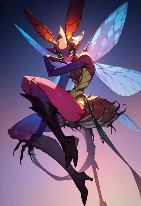 score_9, score_8_up, score_7_up, score_6_up, dark faerie, flying at night, beautiful face, heavy black boots, highly detailed, insect wings, monster boy, perfect eyes looking at viewer, cyan and magenta, colored skin,
