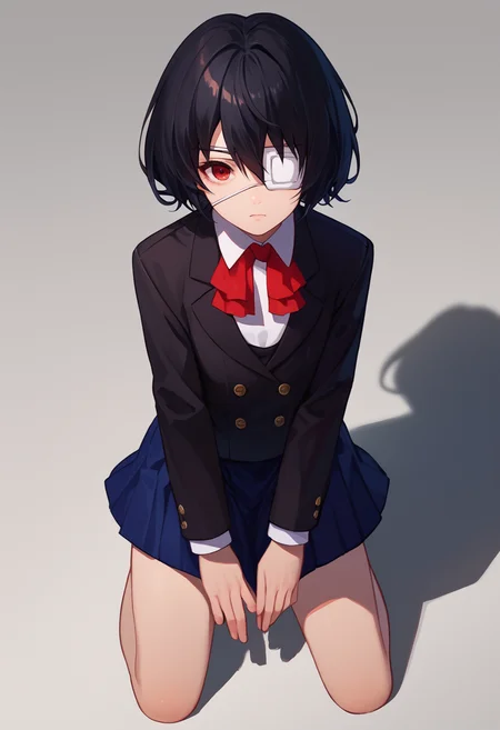 score_9, score_8_up, score_7_up, 1girl, solo,mskr, black hair, short hair, red eyes, eyepatch, red ascot, black blazer, blue skirt, long sleeves, kneeling, <lora:Misaki Mei 6-000007:1>