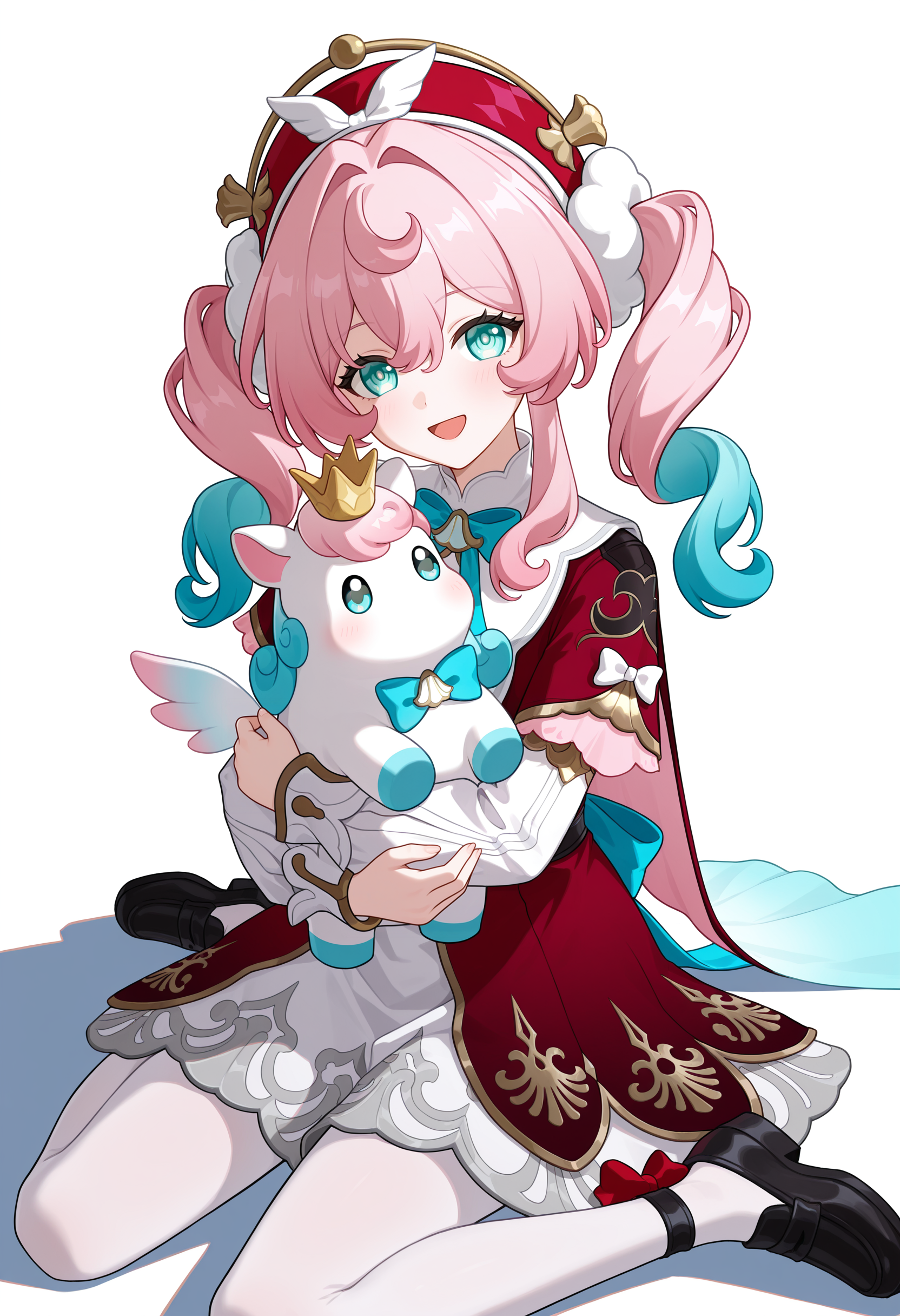 <lora:hal illustrious-1.0-000050:1>,
little ica \(honkai: star rail\),
hyacine \(honkai: star rail\),pink hair,smile,red dress,twintails,open mouth,looking at viewer,long sleeves,red hat,blue bow,bowtie,long hair,blue bowtie,hair between eyes,blush,:d,solo,ribbon,aqua eyes,hand up,multicolored hair,hair intakes,blue eyes,blue hair,holding,holding little ica \(honkai: star rail\),hug,cowboy_shot,white pantyhose,black footwear,loafers,wariza,full body,wings,