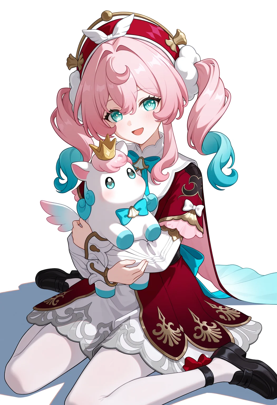 <lora:hal illustrious-1.0-000050:1>,
little ica \(honkai: star rail\),
hyacine \(honkai: star rail\),pink hair,smile,red dress,twintails,open mouth,looking at viewer,long sleeves,red hat,blue bow,bowtie,long hair,blue bowtie,hair between eyes,blush,:d,solo,ribbon,aqua eyes,hand up,multicolored hair,hair intakes,blue eyes,blue hair,holding,holding little ica \(honkai: star rail\),hug,cowboy_shot,white pantyhose,black footwear,loafers,wariza,full body,wings,