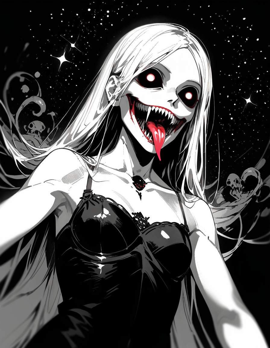 (masterpiece, best quality, high quality, good quality), 1girl, solo, halftone effect, cosmic, horror_\(theme\), ghost, multiple arms, sharp_teeth, tongue_out, long_tongue, colored_tongue, ribcage, depth_of_field, cowboy_shot, dutch_angle, upper_body, , add-detail-xl, ph4nt0m01l, BioPunky<lora:Pony Effects\skumerz\BioPunky.safetensors:0.8:0.8> <lora:Pony Effects\freckledvixon\ph4nt0m01lXLP.safetensors:0.7000000000000001:0.7000000000000001> <lora:XL Enhance\w4r10ck\add-detail-xl.safetensors:0.25:0.25>