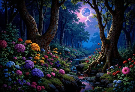 (in full view:1.2), (seen from a distance, wide angle:0.55), The style a combination of [Issac Asimov|Igor Zenin|Heather Theurer], Under lighting, alien planet, alien plants, bioluminescent plants. Harmonious madness, synergy with chance, unique art style, mind bending art. Digital painting in a realistic style representing strange visions of A forest, struck by a meteorite that has been altered by radiation coming from the meteor. The forest, once a popular place for walks has transformed into something out of another dimension. The trees, plants and animals have all begun to transform into life forms alien to earth. The wild flowers have developed unusual growth patterns, most have become vines with smaller flowers and are less colorful. The trees have stayed their usual green color but their shape and size have been altered.  A digital rendering, high-res, ultra detailed, photo manipulation, altered realities, <lora:+FluxVelvet's_Mythic_Fantasy:0.7> <lora:Midjourney_Whisper_Chromaplex_Velvet_Myst_v01:0.4> <lora:Epic_gorgeous_Details-flux.1:0.4> <lora:Amazing_scenery_v3:0.6> <lora:UltraReal_Fine-Tune:0.3> <lora:Realism-lora-Flux:0.6> <lora:low-light-flux-v2:0.5>