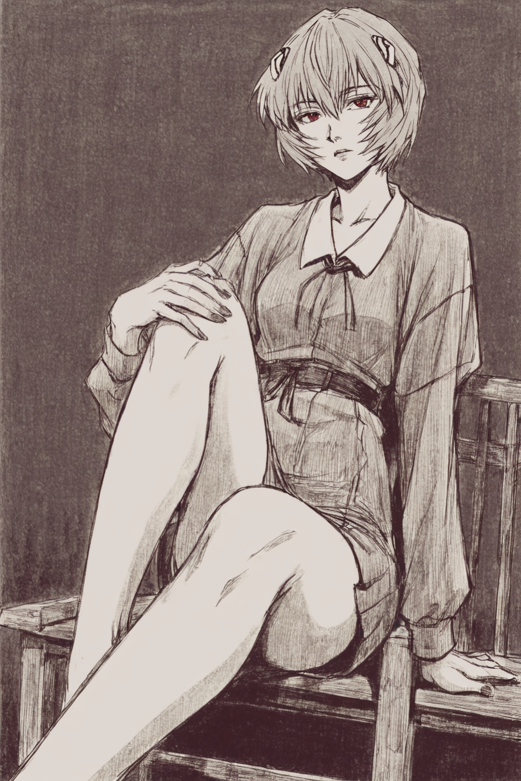 score_9, score_8_up, score_7_up, neon genesis evangelion, ayanami rei, blue hair, red eyes, solo, solo focus, cowboy shot, simple background, monochrome, greyscale, dark , Sitting on a chair with one leg crossed over the other BREAK p65fn <lora:ruffct:0.8>