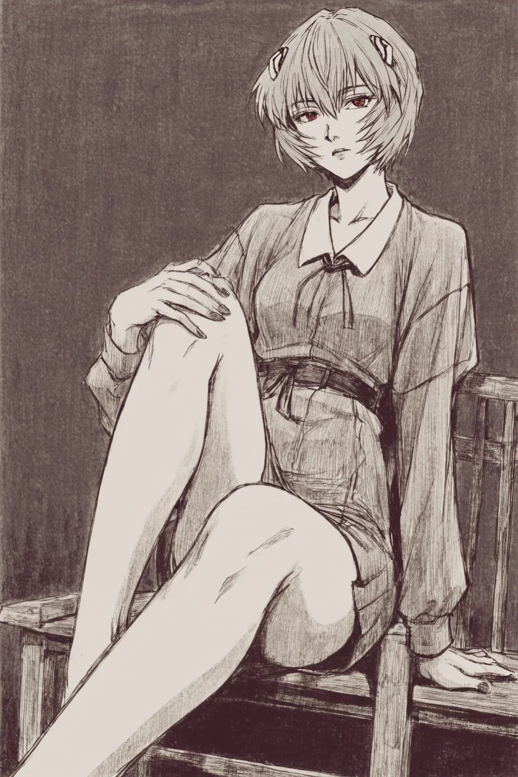 score_9, score_8_up, score_7_up, neon genesis evangelion, ayanami rei, blue hair, red eyes, solo, solo focus, cowboy shot, simple background, monochrome, greyscale, dark , Sitting on a chair with one leg crossed over the other BREAK p65fn <lora:ruffct:0.8>