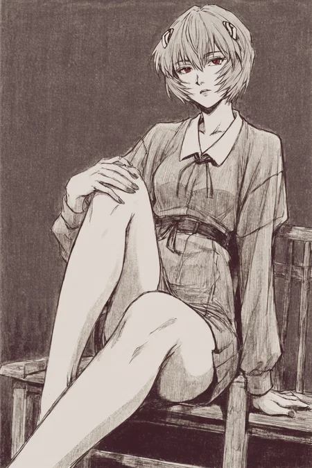 score_9, score_8_up, score_7_up, neon genesis evangelion, ayanami rei, blue hair, red eyes, solo, solo focus, cowboy shot, simple background, monochrome, greyscale, dark , Sitting on a chair with one leg crossed over the other BREAK p65fn <lora:ruffct:0.8>