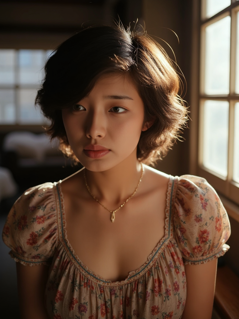 There are wonderful studio lights and various reflections,
18yo beautiful cute girl with blushing and female orgasm.skin naturally showing the texture of blood vessels and detailed pale skin,
--,
<lora:Yamaguchi_Momoe_f1_rank2_bf16:1>,she is Yamaguchi Momoe,
--, bright photo of beautiful asian girl with long wavy hair wearing bohemian dress,inside a rustic house with windows,necklace,realistic light reflections,pale skin,,