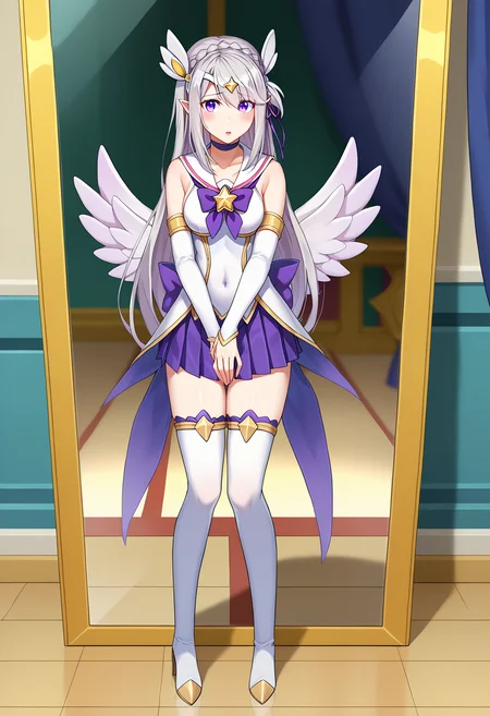 score_9, score_8_up, score_7_up, source_anime,
BREAK
<lora:shistarguardianV1:1.0>,
shistarstylerng, starguardianstyle, magical girl, alternate costume, star guardian \(league of legends\),
pleated skirt, zettai ryouiki, thighhighs, choker, covered navel, turtleneck, cleavage, detached sleeves, elbow gloves, jewelry, gem, feathered wings,
tiara, sailor collar, eyes visible through hair, armlet, circlet, pink lips, bow, bowtie,
alternate hairstyle, alternate hair color, hair ornament, knee boots, high heels,
1girl, solo,
<lora:shiEmiliaV2:1> shimilia, long hair, grey hair, purple eyes, pointy ears, crown braid, hair flower, hair ribbon, purple ribbon, x hair ornament
looking at viewer, mirror, blush, shy, covering crotch, knees together feet apart, full body, steaming body, open mouth,