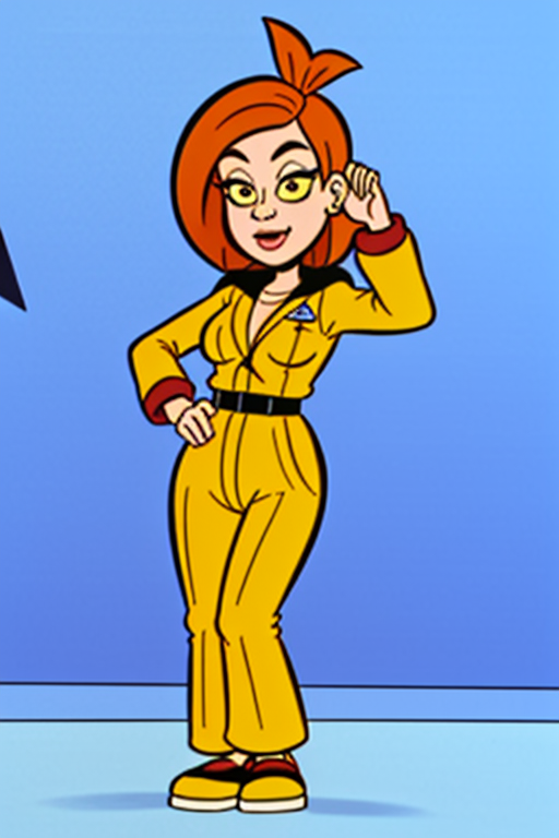 <lora:Mission_Hill_Style_-_1999-000011_11:0.95>, <lora:l_32:-0.55>, 1girl, full body, orange jumpsuit,  brown hair, face tattoo,<lora:LCM_SD15:1.0>