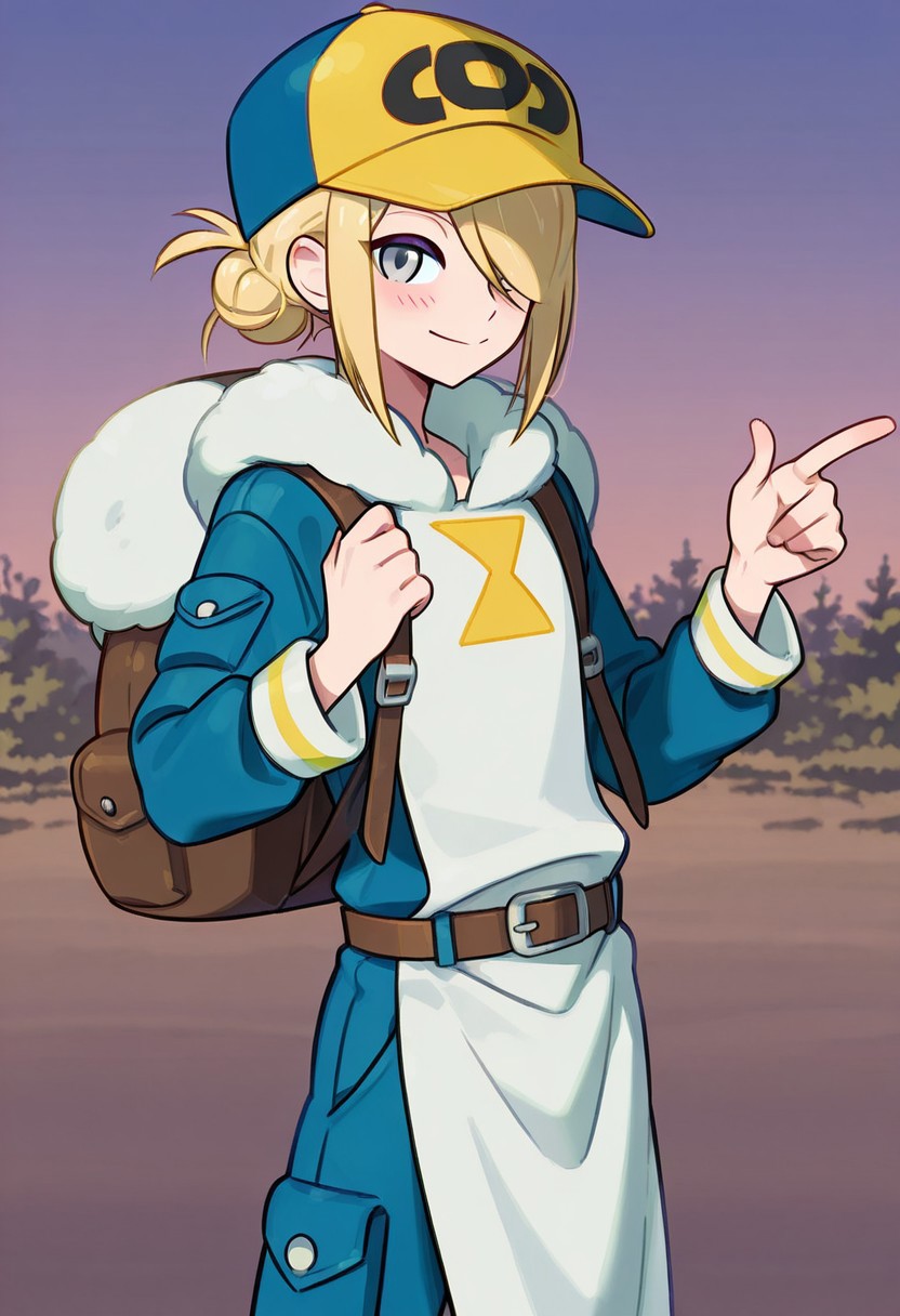 score_9,score_8_up,score_7_up,score_6_up,score_5_up,score_4_up,BREAKmasterpiece, hyper detailed, best quality, insanely detailed, high quality, exquisite, detailed, beautiful, ultra detailed,
solo, 1boy, male focus, blonde hair, grey eyes, hair over one eye, VoloGinkgo, blue jumpsuit, fur trim, apron, brown belt, backpack, baseball cap, two-toned headwear, blue headwear, yellow headwear, hair bun, sidelocks, smile, blush, masterpiece, best quality, outdoors, pointing
in Take style,
