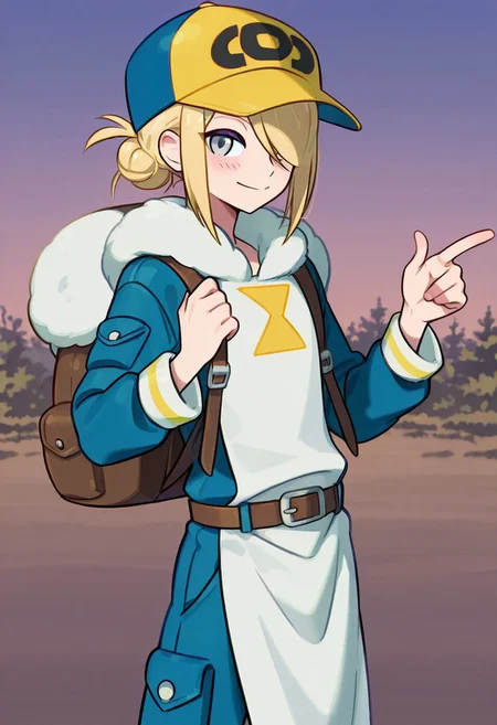 score_9,score_8_up,score_7_up,score_6_up,score_5_up,score_4_up,BREAKmasterpiece, hyper detailed, best quality, insanely detailed, high quality, exquisite, detailed, beautiful, ultra detailed,
solo, 1boy, male focus, blonde hair, grey eyes, hair over one eye, VoloGinkgo, blue jumpsuit, fur trim, apron, brown belt, backpack, baseball cap, two-toned headwear, blue headwear, yellow headwear, hair bun, sidelocks, smile, blush, masterpiece, best quality, outdoors, pointing
in Take style,