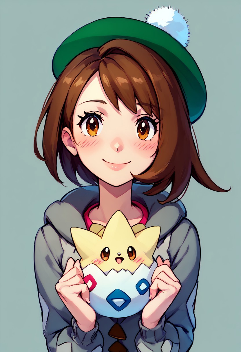 score_9, score_8_up, score_8, cute,      
rating safe, 
BREAK,
tgpi, smile, blush, leaning forward, upper body, source anime, 
Gloria (pokemon), brown hair, brown eyes, green hat, grey cardigan, 
BREAK,
smile, looking at viewer, 
zPDXL, Expressiveh