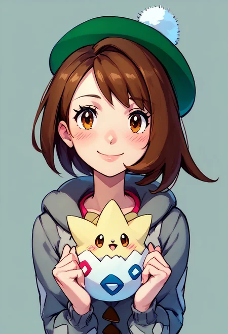 score_9, score_8_up, score_8, cute,      
rating safe, 
BREAK,
tgpi, smile, blush, leaning forward, upper body, source anime, 
Gloria (pokemon), brown hair, brown eyes, green hat, grey cardigan, 
BREAK,
smile, looking at viewer, 
zPDXL, Expressiveh