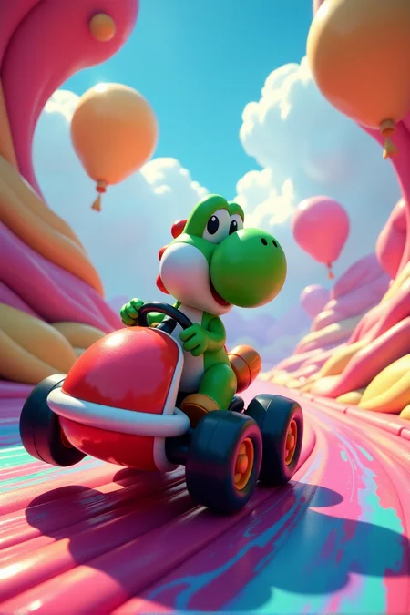 Yoshi in a red kart speeding through a swirling, psychedelic landscape of iridescent balloons and warped surfaces, vibrant colors, dynamic lighting, highly detailed, 8k resolution, cinematic lighting, hyperrealistic, --ar 16:9 --zoom 1.5 --style sdxl Yoshi's Balloon Bonanza
aidmafluxpro1.1,Fantasy detailersâââ