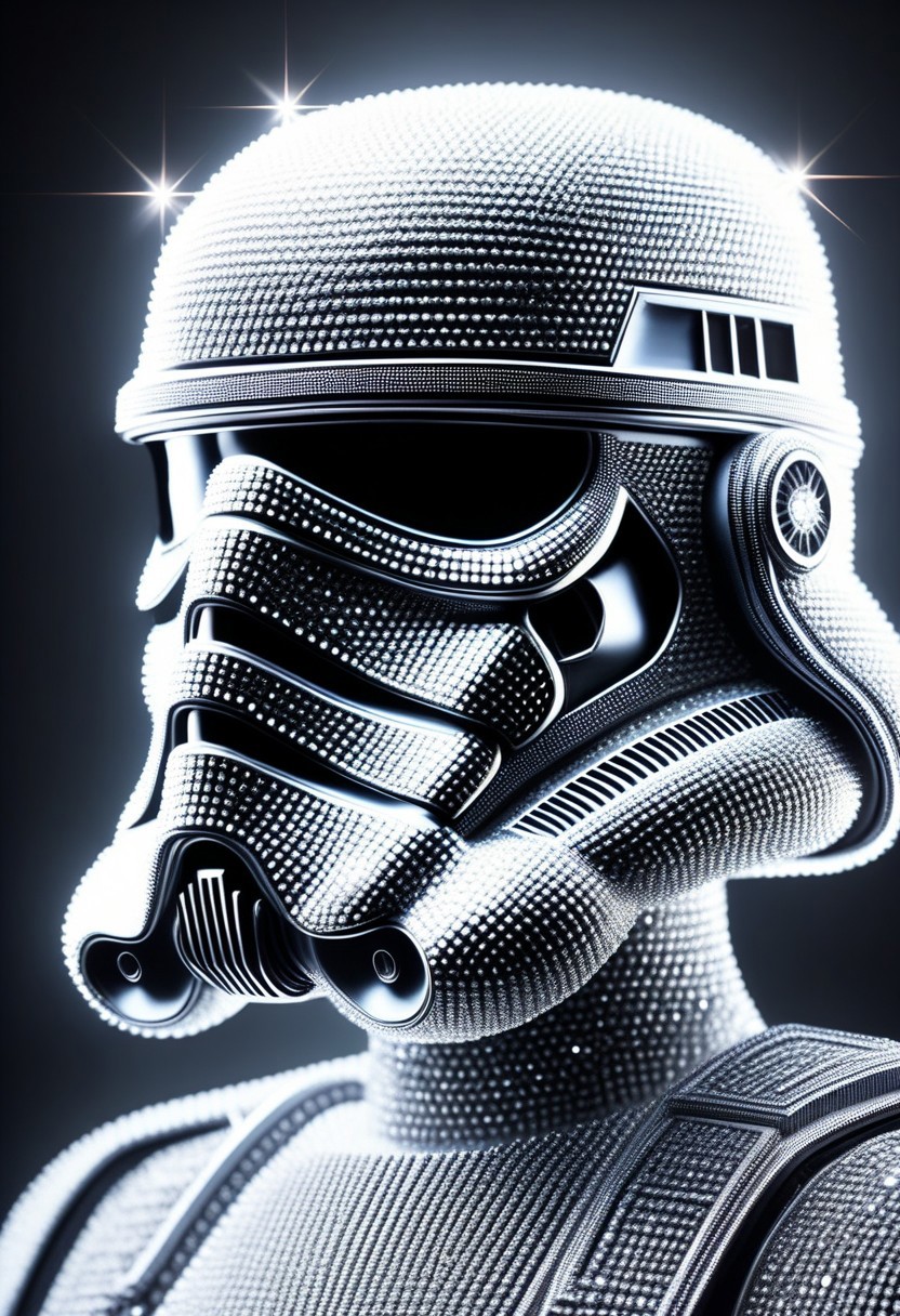 diamondMW figurine of a stormtrooper made of diamonds , portrait+ style, symmetrical face front view, hyperrealistic render metal details, beautiful glowing portrait of storm trooper with bio-mechanic suit glitch style, high contrast, 8k photographic style, matte painting, countless diamonds