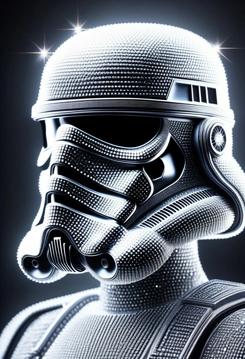 diamondMW figurine of a stormtrooper made of diamonds , portrait+ style, symmetrical face front view, hyperrealistic render metal details, beautiful glowing portrait of storm trooper with bio-mechanic suit glitch style, high contrast, 8k photographic style, matte painting, countless diamonds