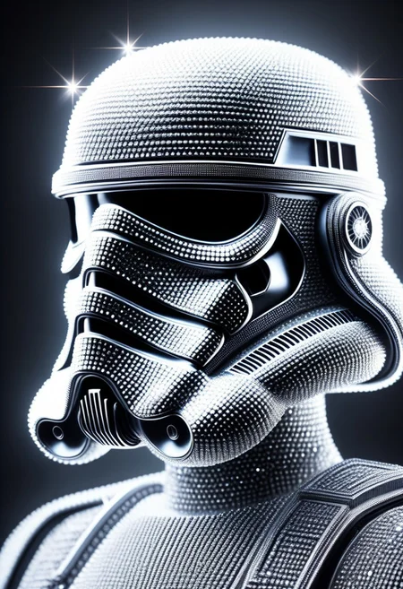 diamondMW figurine of a stormtrooper made of diamonds , portrait+ style, symmetrical face front view, hyperrealistic render metal details, beautiful glowing portrait of storm trooper with bio-mechanic suit glitch style, high contrast, 8k photographic style, matte painting, countless diamonds