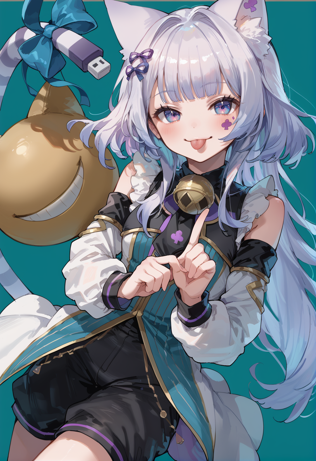 (score_9:0.9),score_8_up,score_7_up,rating_safe,anime_style,(zPDXL),(zPDXL3),((solo)),<lora:MALICE Pawn Cheshire Cat ponyXL v1.31:0.75>,mâlice pawn cheshire cat,1girl,tongue out,solo,cat girl,looking at viewer,blush,:q,smile,detached sleeves,index finger raised,gold stuffed toy,neck bell,black shorts,black dress,facial mark,long hair,