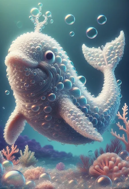 a whale made_of_bubbles, cute , coral, seaweed, bubbles, under the sea,AuroraStyle, zy_animation, CGI scene
<lora:Bubbles_sdxl:0.8> made_of_bubbles <lora:add-detail-xl:2>
