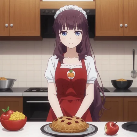 hifumi takimoto, solo, 1girl, apron, cooking, kitchen, (smiling:0.5),,
(apple pie), delicious food, beautiful food,,
looking at viewer,, 2D, anime style, anime coloring,,masterpiece, best quality, absurdres, very aesthetic