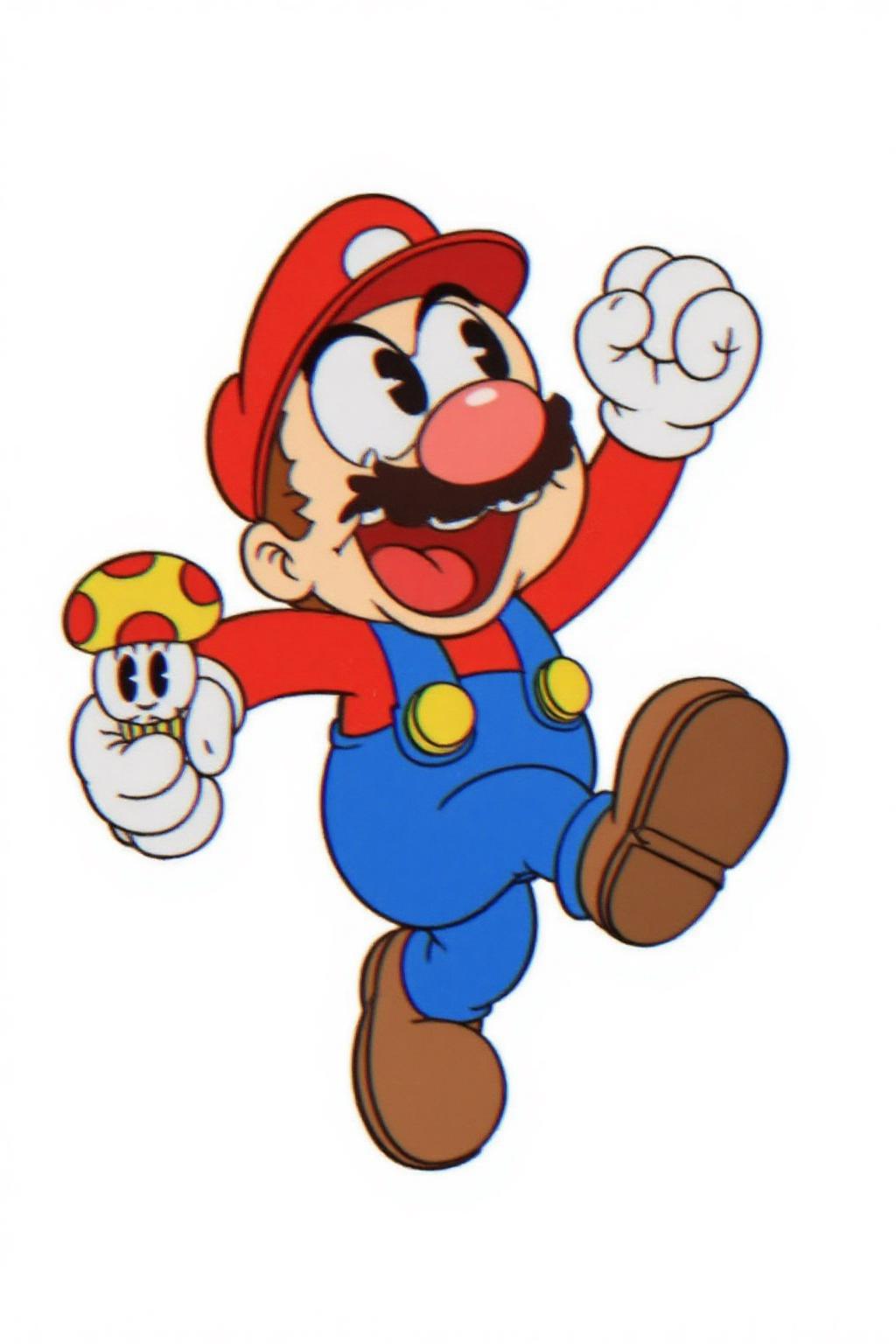 rubber hose animation style.
Super Mario is in a dynamic pose, wearing his red cap, red shirt, blue overalls, and brown shoes. He holds a mushroom in his hand.
 <lora:rubberhose1_cap_d8a4:1.0><lora:844395776177097229:0>