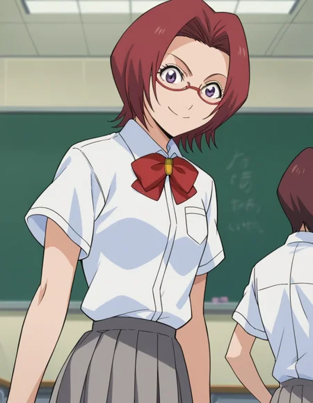 score_9, score_8_up, score_7_up, source_anime,
chizuruhonsho, <lora:chizuru-honsho-s1-ponyxl-lora-nochekaiser:1>,
chizuru honsho, short hair, red hair, purple eyes, glasses,
skirt, shirt, bow, school uniform, white shirt, short sleeves, pleated skirt, bowtie, red bow, red bowtie, grey skirt,
indoors, classroom, smile,
looking at viewer, dutch angle, cowboy shot,