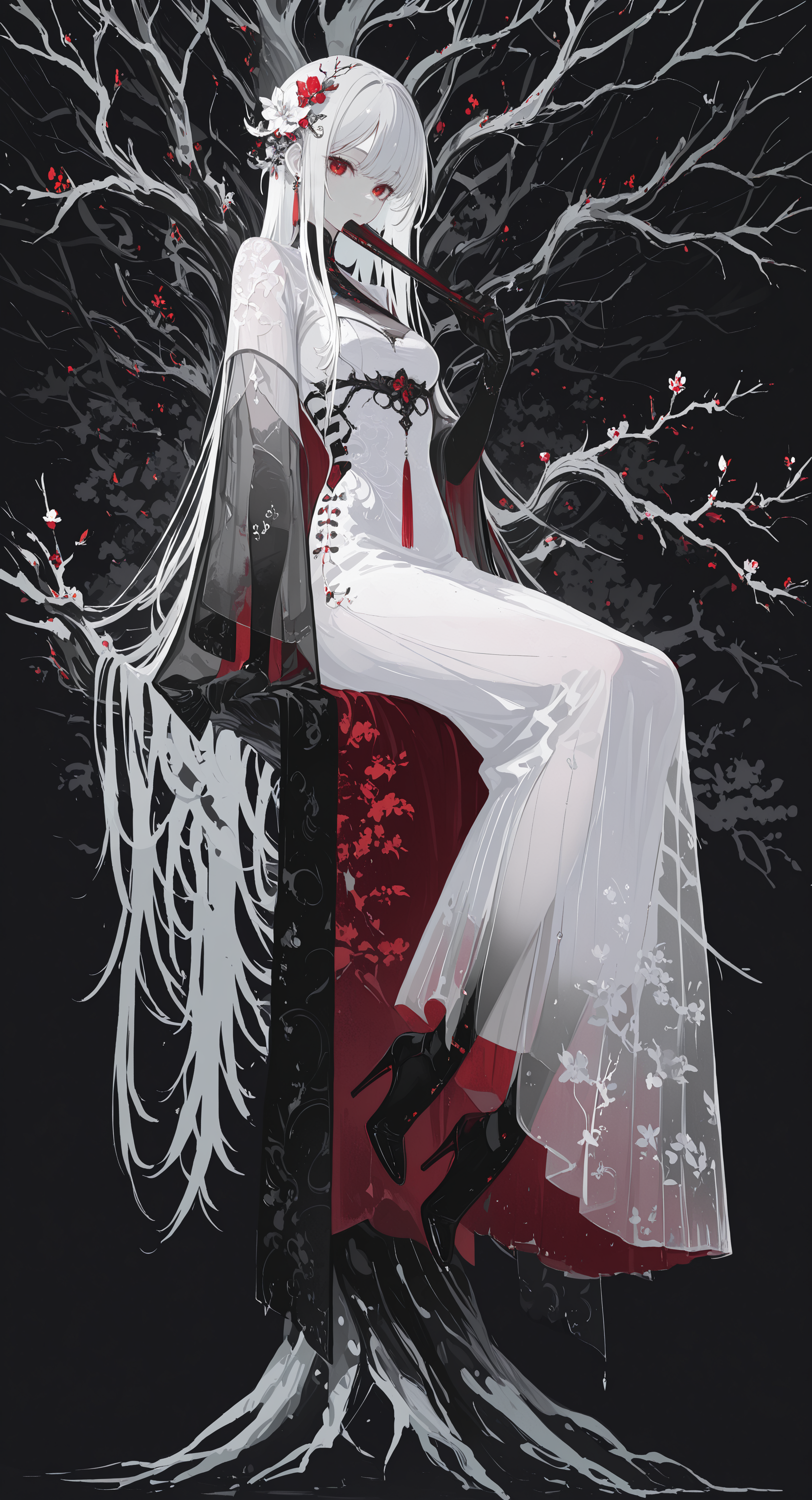 masterpiece, best quality, good quality, very awa, newest, highres, absurdres, 1girl, solo, long hair, looking at viewer, hair ornament, gloves, red eyes, dress, holding, jewelry, very long hair, sitting, full body, white hair, grey hair, flower, black gloves, hair flower, black footwear, white dress, high heels, tree, see-through, hand fan, branch, folding fan, holding fan, bare tree, folded fan, limited palette, h4ra_illu <lora:illustriousXL_stabilizer_v1.23:0.3> <lora:NOOB_vp1_detailer_by_volnovik_v1:0.3> <lora:ponyv6_noobE11_2_adamW-000017:0.3> <lora:114558v4df2fsdf5:0.6> <lora:XXX667:0.4> <lora:mon_monmon2133:0.5> <lora:hara_id_21:0.6>