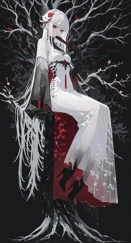 masterpiece, best quality, good quality, very awa, newest, highres, absurdres, 1girl, solo, long hair, looking at viewer, hair ornament, gloves, red eyes, dress, holding, jewelry, very long hair, sitting, full body, white hair, grey hair, flower, black gloves, hair flower, black footwear, white dress, high heels, tree, see-through, hand fan, branch, folding fan, holding fan, bare tree, folded fan, limited palette, h4ra_illu <lora:illustriousXL_stabilizer_v1.23:0.3> <lora:NOOB_vp1_detailer_by_volnovik_v1:0.3> <lora:ponyv6_noobE11_2_adamW-000017:0.3> <lora:114558v4df2fsdf5:0.6> <lora:XXX667:0.4> <lora:mon_monmon2133:0.5> <lora:hara_id_21:0.6>