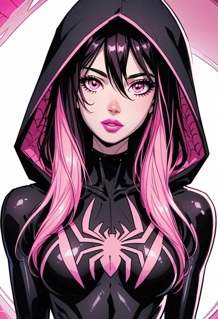 /Spider_Ayane/, pink lipstick, long black hair, pink hair highlights, medium breasts, portrait, black bodysuit with pink spider print, looking at viewer, puty lips, pink eyes, wearing black hood