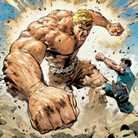 man punching giant, unarmed, action shot